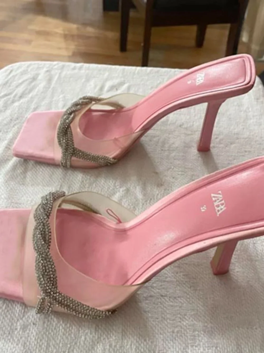 Zara Pink Rhinestone Mule Heels | Square Toe Slip-On Stiletto Sandals - Picture 5 of 8
